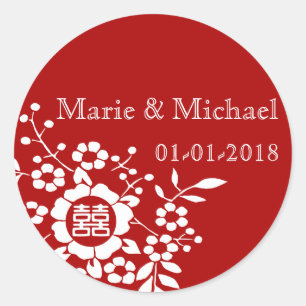 Sticker Rond Rouge ・ Fleurs coupées en papier ・ Double Bonheur