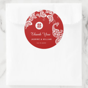 Sticker Rond Rouge Floral Peacock Double Bonheur Mariage asiati