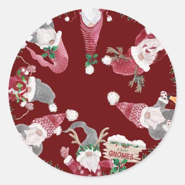 Sticker Rond Rouge Gnomes Noël Mignonne Aquarelle Holly Foliage (Devant)