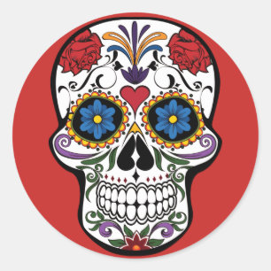 Sticker Rond Rouge-Jour d'autocollant de crâne de sucre des