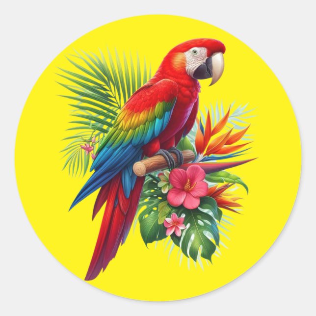 Sticker Rond Rouge macaw tropical floral (Devant)