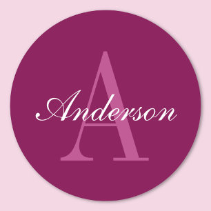 Sticker Rond Rouge Magenta Élégant, Nom & Monogramme Rose & Bla