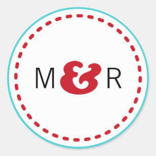 Sticker Rond Rouge moderne et Aqua Chevron & Lovebirds Mariage