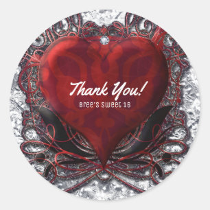 Sticker Rond Rouge Noir Argent Saint Valentin Cœur Gothique Rom