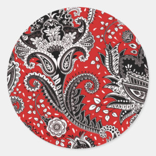 Sticker Rond Rouge Noir & Blanc Floral Paisley Bohème Boho