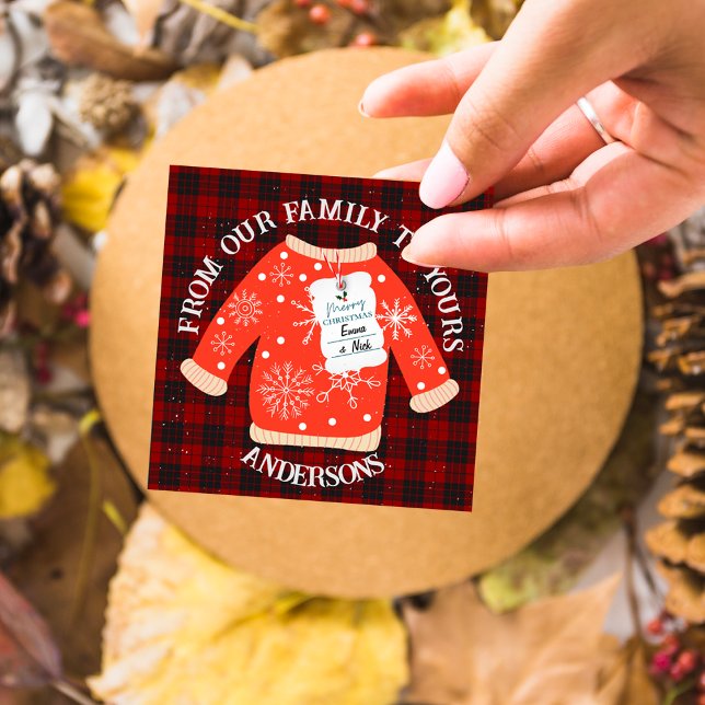 Sticker Rond Rouge Noir Plaid Doux laide mou Joyeux Noël (Red Black Plaid Ugly Sweater Cute Merry Christmas Classic Round Sticker)