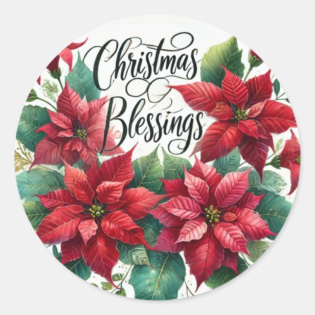 Sticker Rond Rouge Poinsettia Bénédictions de Noël Floral (Devant)