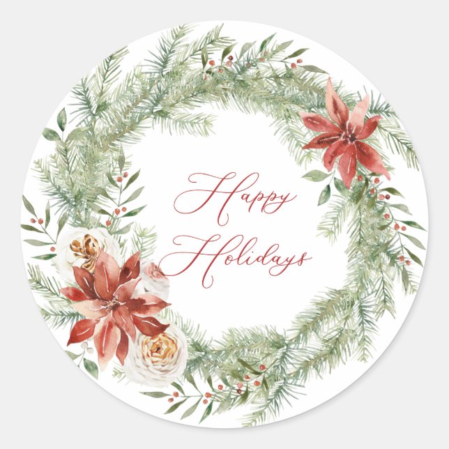 Sticker Rond Rouge Poinsettia verdure de Noël Wreath (Devant)