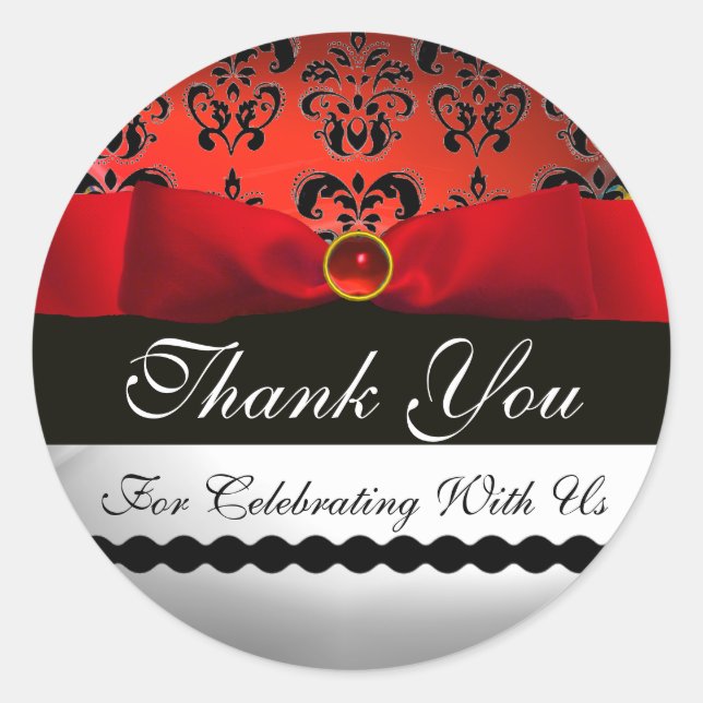 Sticker Rond ROUGE RIBBON NOIR & BLANC DAMASK Merci (Devant)