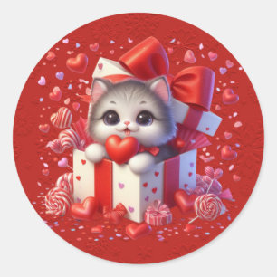 Sticker Rond Rouge Saint Valentin Kitten Dans Une Boîte Coeurs 