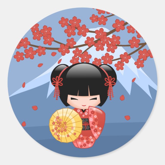 Sticker Rond Rouge Sakura Kokeshi Doll Cute Geisha Girl Blue (Devant)