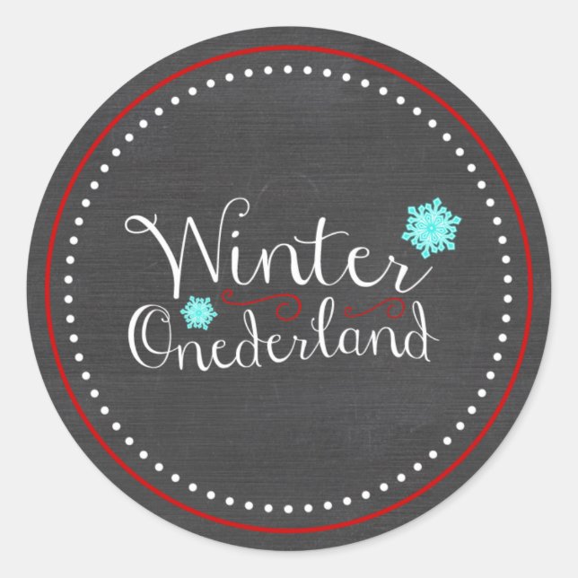 Sticker Rond Rouge Teal d'anniversaire d'Onederland d'hiver (Devant)