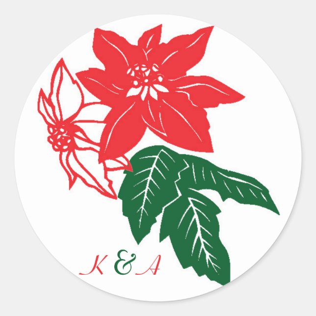 Sticker Rond Rouge & Vert Noël Poinsettias Mariage de vacances (Devant)