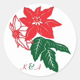 Sticker Rond Rouge & Vert Noël Poinsettias Mariage de vacances