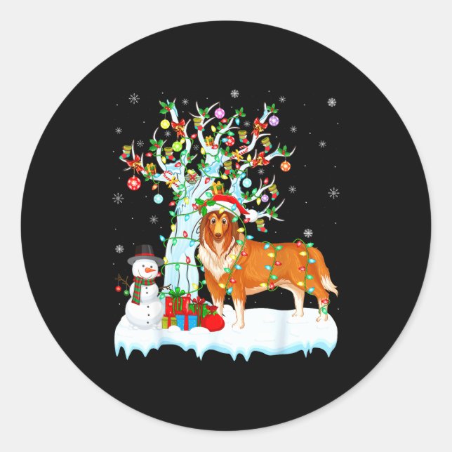 Sticker Rond Rough Collie Dog Xmas Tree Lighting Rough Collie C (Devant)