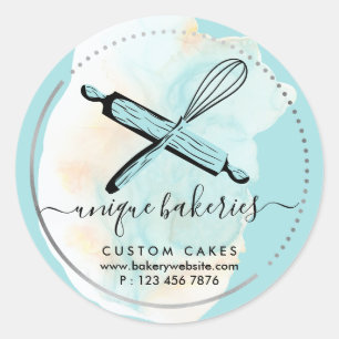 Sticker Rond Rouleau à pâtisserie Fouet Bleu Pâtisseries élégan