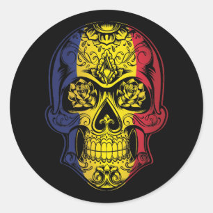 Sticker Rond Roumanie Crâne et drapeau Rose