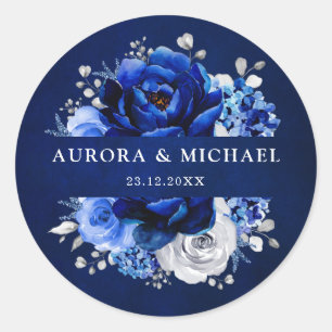 Sticker Rond Royal Bleu Blanc Argent Métallique Mariage Floral