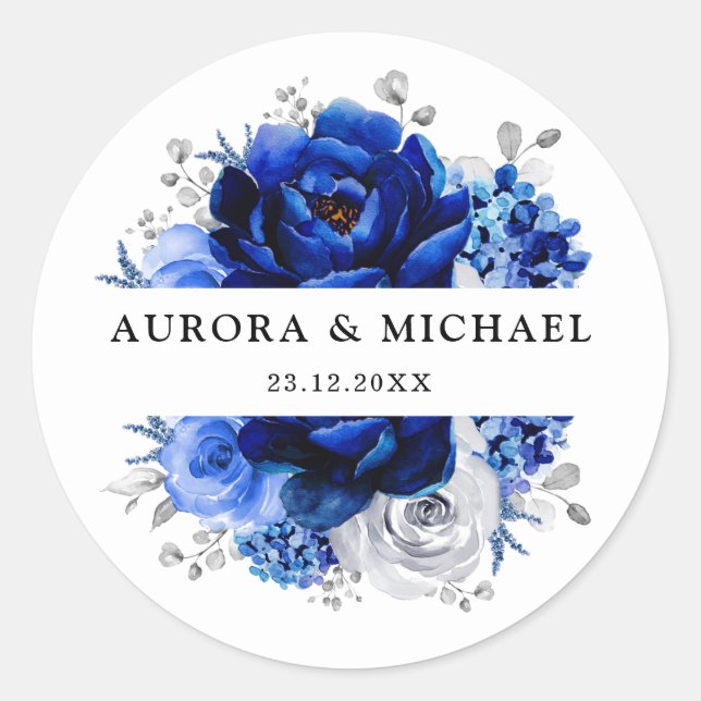 Sticker Rond Royal Bleu Blanc Argent Métallo Mariage Floral (Devant)