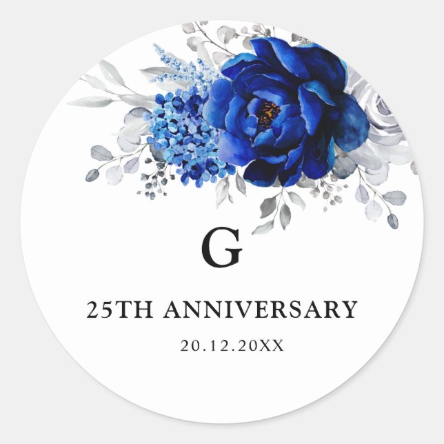 Sticker Rond Royal Bleu Blanc Métallique Argent Floral Mariage  (Devant)