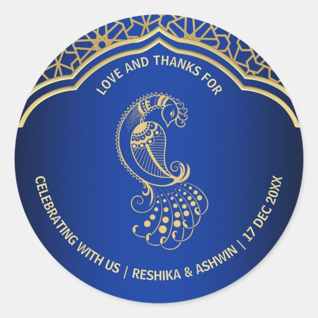 Sticker Rond Royal bleu or paon indien Arabe design Cadeau (Devant)