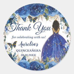 Sticker Rond Royal Blue Floral Butterflies Brown Princess Favor