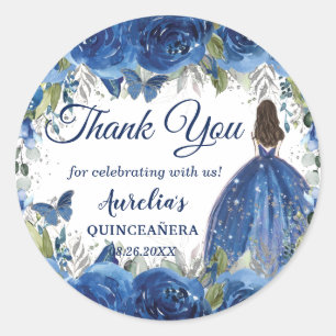 Sticker Rond Royal Blue Floral Silver Butterfly Princess Favori