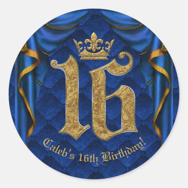 Sticker Rond Royal Blue & Gold Crown 16 16e fête d'anniversaire (Devant)