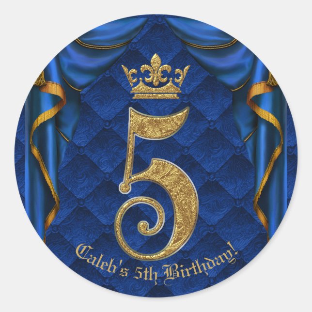 Sticker Rond Royal Blue & Gold Crown 5 5e fête d'anniversaire (Devant)