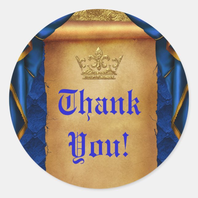 Sticker Rond Royal Blue & Gold Drapes Scroll Wedding Favor (Devant)