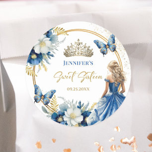 Sticker Rond Royal Blue Gold Princess Tiara Floral Sweet 16