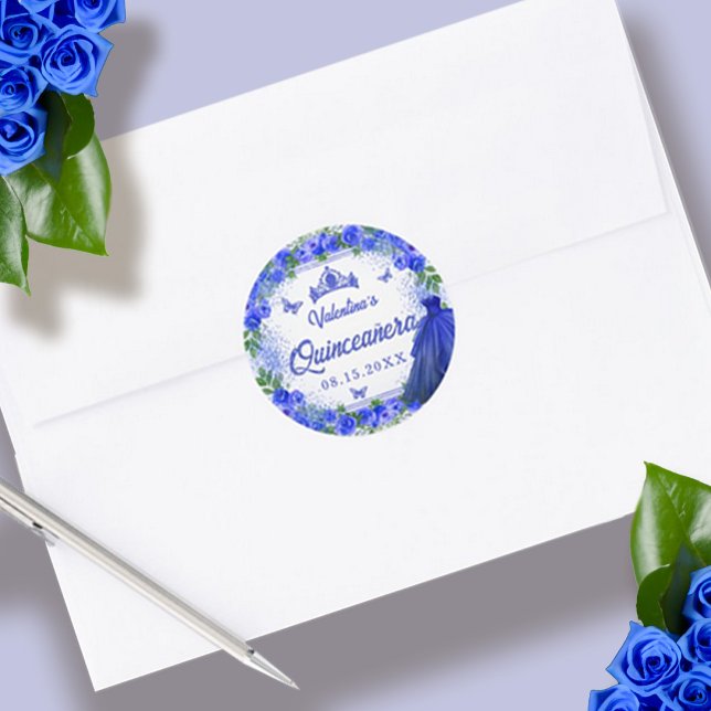 Sticker Rond Royal Blue Parties scintillant Floral Sparkle Quin (Blue Glitter Floral Sparkle Quinceanera Classic Round Sticker)