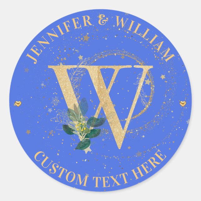 Sticker Rond Royal Blue Topographie Monogramme Gold W Mariage (Devant)
