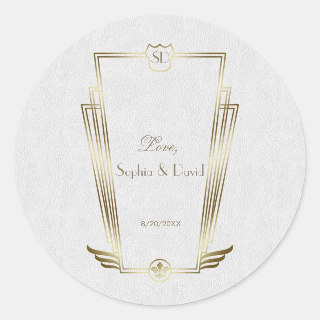 Sticker Rond Royal Gold White Art Déco Mariage Monogramme (Devant)