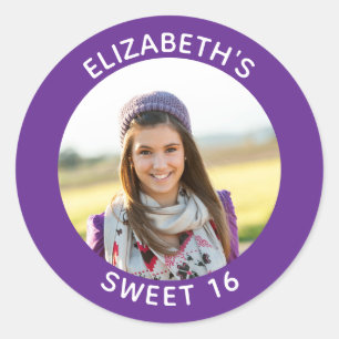 Sticker Rond Royal Purple Photo Sweet 16 Anniversaire Favor