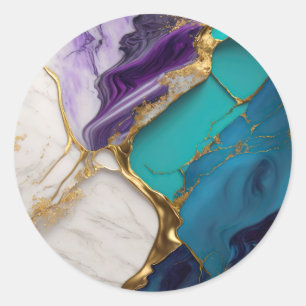 Sticker Rond Royal Sarcelle & Améthyste Marbré avec Veines d'Or