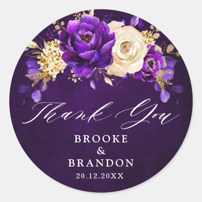 Sticker Rond Royal violet violet or Floral Mariage botanique (Devant)