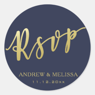 Sticker Rond RSVP   Faux Gold Brush Script - Mariage bleu marin
