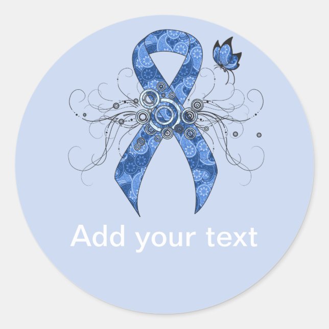 Sticker Rond Ruban bleu Paisley avec papillon (Devant)
