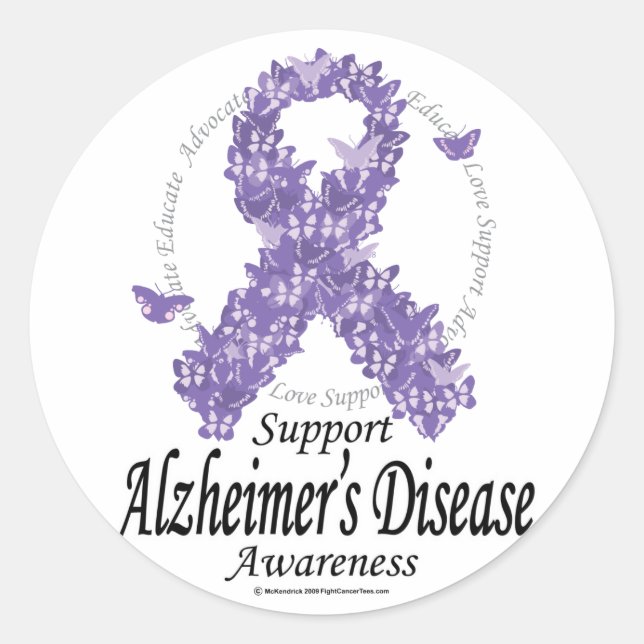 Sticker Rond Ruban d'Alzheimer des papillons (Devant)