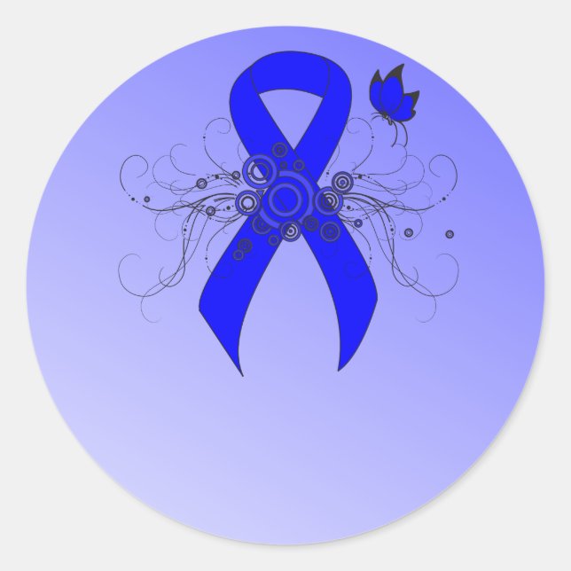 Sticker Rond Ruban de sensibilisation bleu avec papillon (Devant)