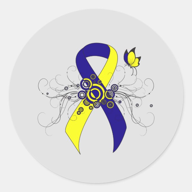 Sticker Rond Ruban de sensibilisation bleu et jaune avec papill (Devant)