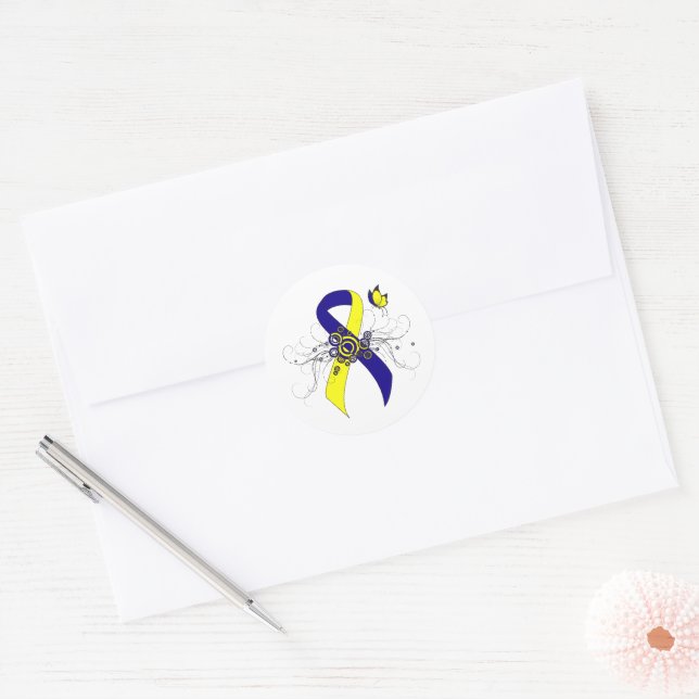 Sticker Rond Ruban de sensibilisation bleu et jaune avec papill (Enveloppe)