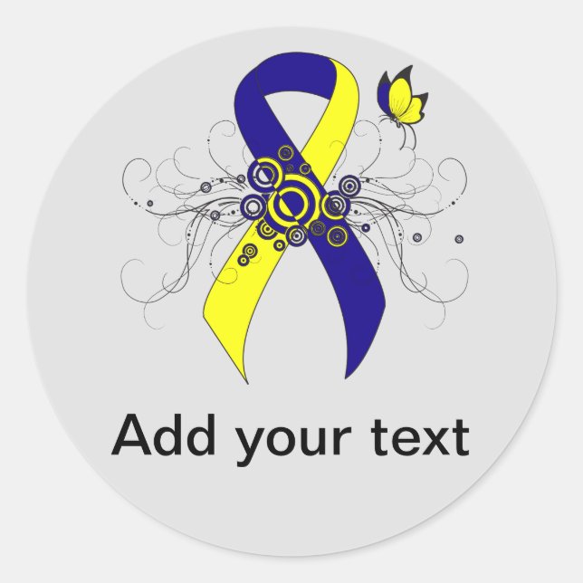 Sticker Rond Ruban de sensibilisation bleu et jaune avec papill (Devant)