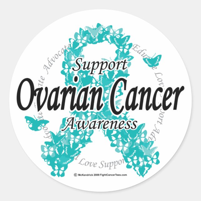 Sticker Rond Ruban du cancer de l'ovaire des papillons (Devant)
