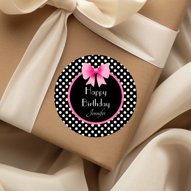 Sticker Rond Ruban rose Noir & Blanc Pois Anniversaire (Pink Ribbon Black & White Polka Dots Birthday Classic Round Sticker)