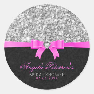 Sticker Rond Ruban rose Parties scintillant argent