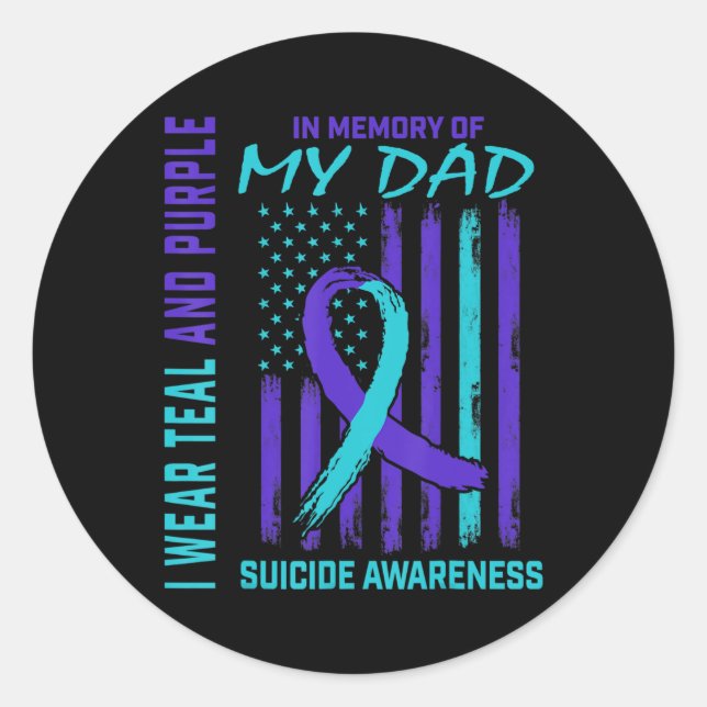 Sticker Rond Ruban turquoise Violet En Mémoire De Papa Suicide  (Devant)