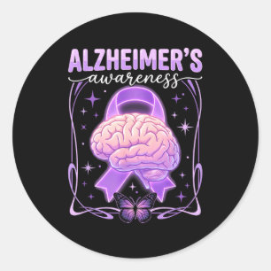 Sticker Rond Ruban violet papillon cerveau alzheimer