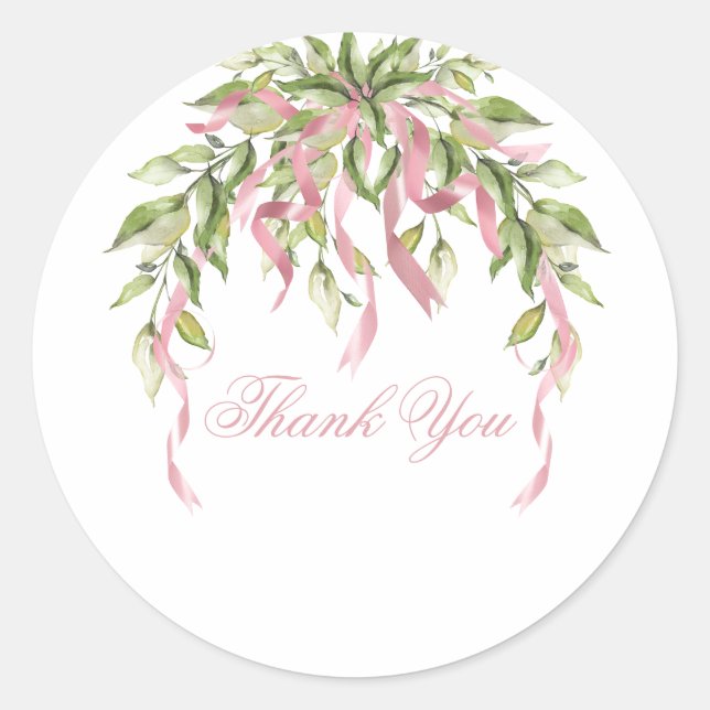 Sticker Rond Rubans roses Merci vert fleuri (Devant)